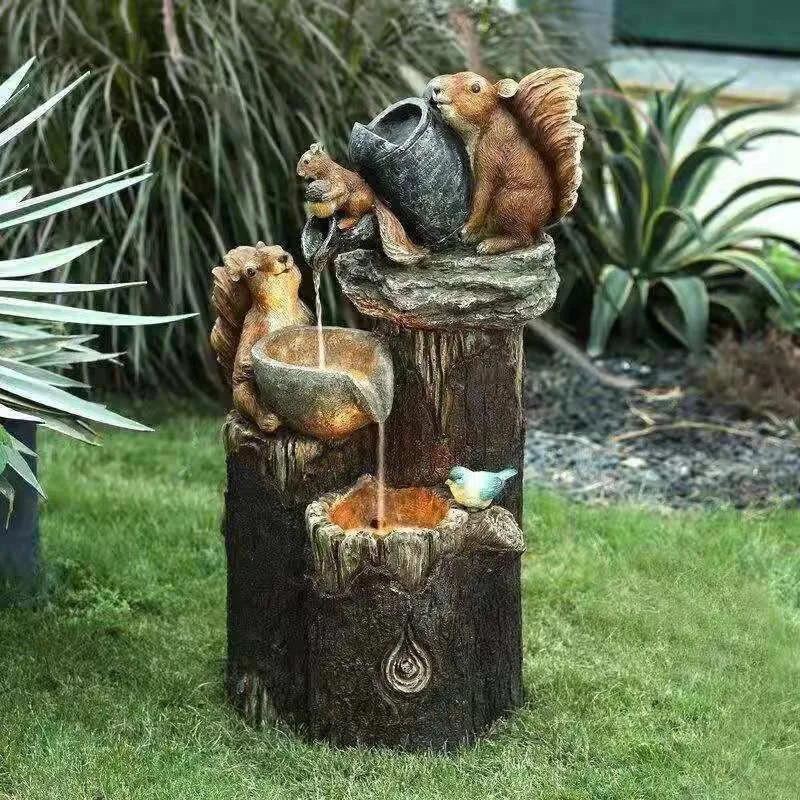 Squirrel duck running water solar garden ornaments, resin decorations running water pastoral