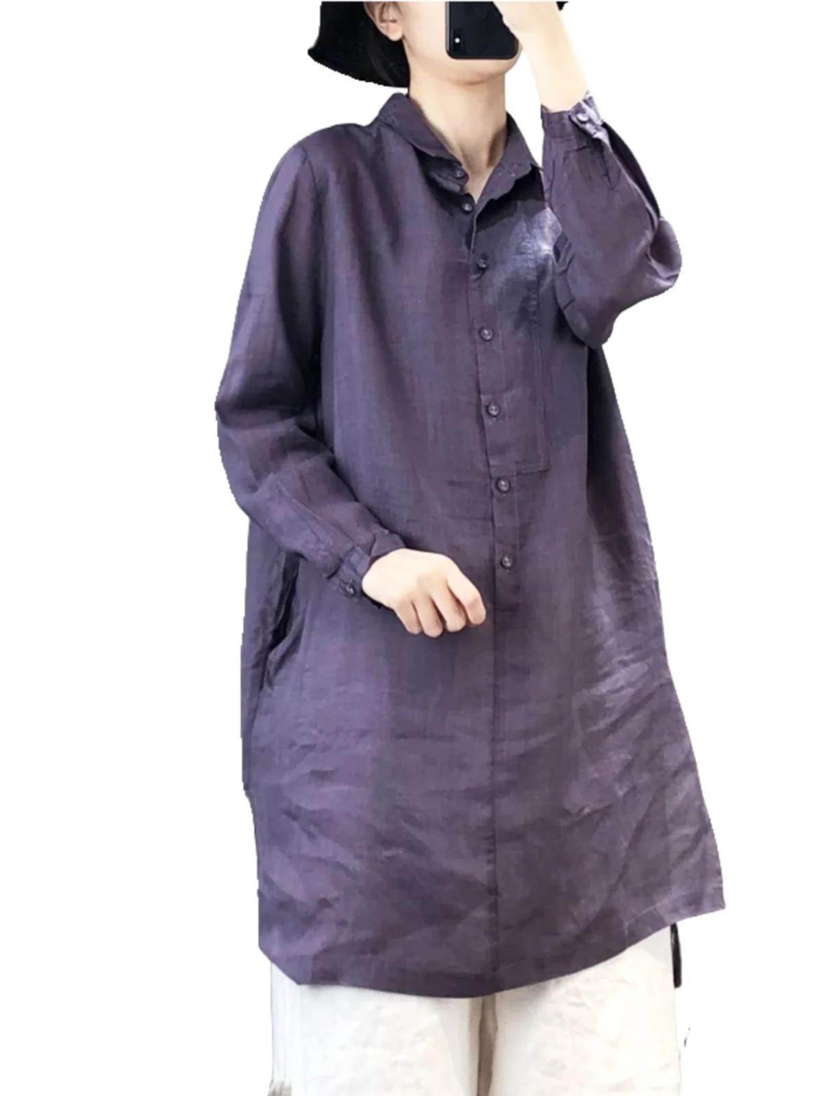 High-End Women's Artistic  Color Loose Fit Long Sve Cotton Linen irt Overhead Sle Korean Commute Faion