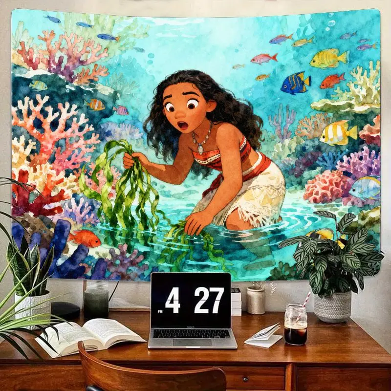 

1 шт., гобелен Disney Moana с тропическим океаном и коралловым рифом, яркие акварельные настенные рисунки для детской комнаты, спальни, гостиной, подарок f