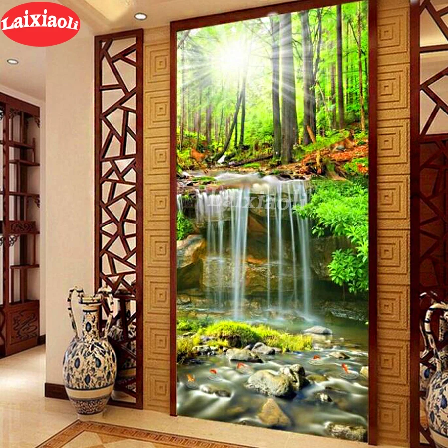 

3d round square diamond embroidery waterfall koi fish pattern Diy full diamond painting greet tree sunrise stitch cross mosaic