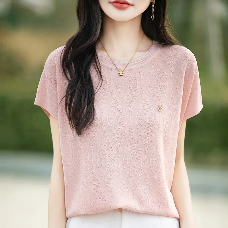 

Aircraft Sleeve Knitted Short Sleeved 2025 Summer New Women's Round Neck Loose Western-style Small Shirt Thin top T-shirt