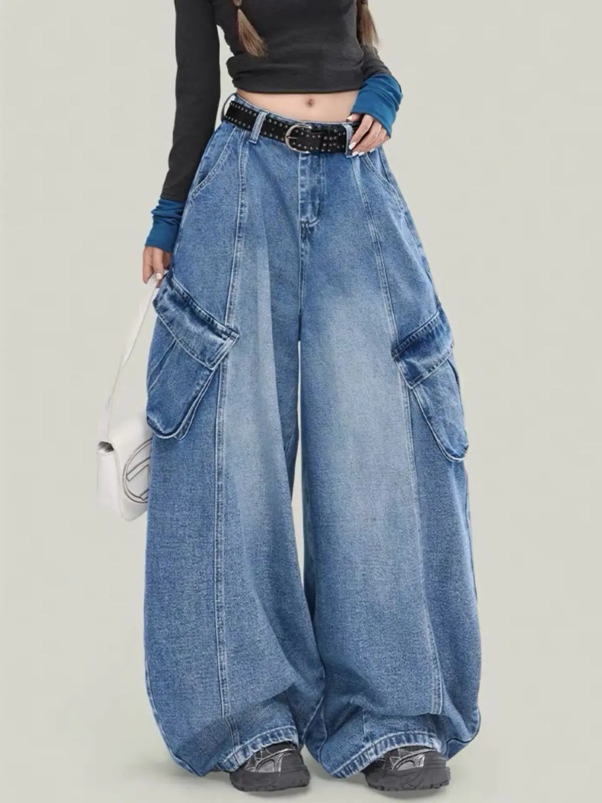 Y2K American High Street Blue Wide Leg Workwear Jeans High Waisted Loose Pear Shaped Curved Knife Pants for Women