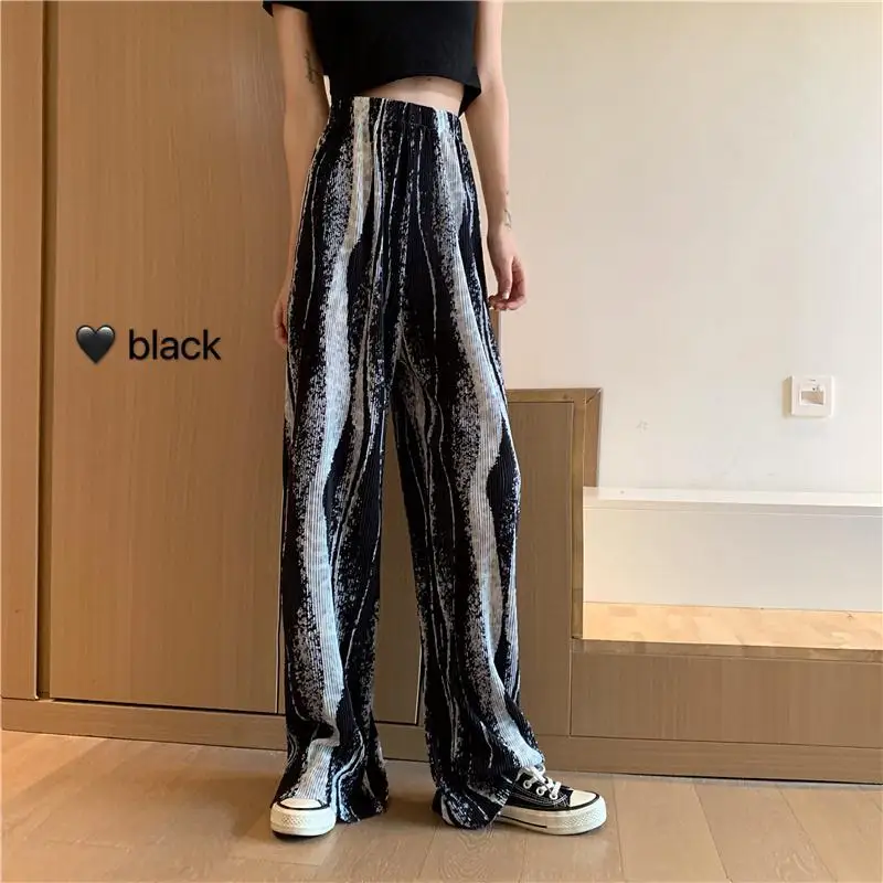 Water Wave Halo Dyed Wide Leg Women's 2024 Summer Patchwork Pleated Style Casual High Waist Drape Straight Tube Loose Mop Pants