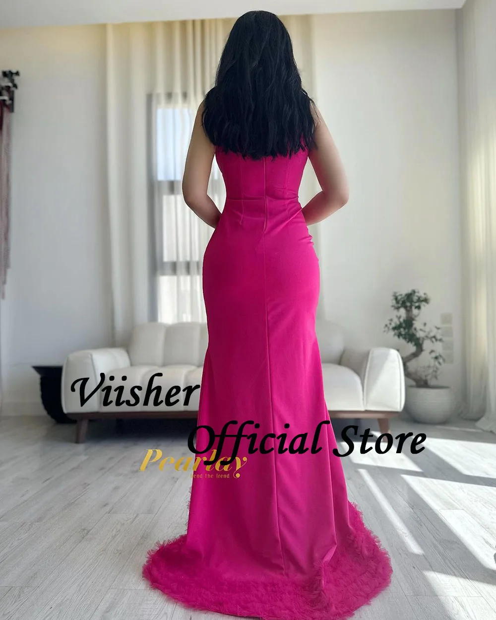 Visher Hot Pink Satin Meerjungfrau Abendkleider für Frauen Mono Saitn Tüll träger lose formelle Ballkleid mit Zug