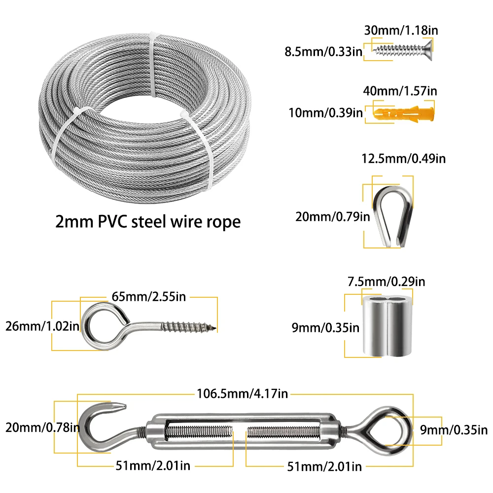 10-25M Steel Wire Rope Stainless Steel Heavy-Duty Steel Wire Rope Garden Railing Steel Wire Fence Outdoor Tent Clothesline Kit