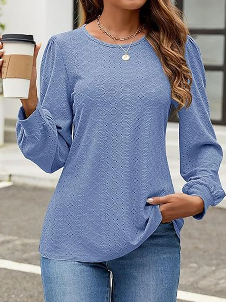 White Long Sleeve Loose Casual Women T-Shirt Hollow Out Vintage Basic O-Neck Female Tops Breathable Confortable Autumn Lady Tees