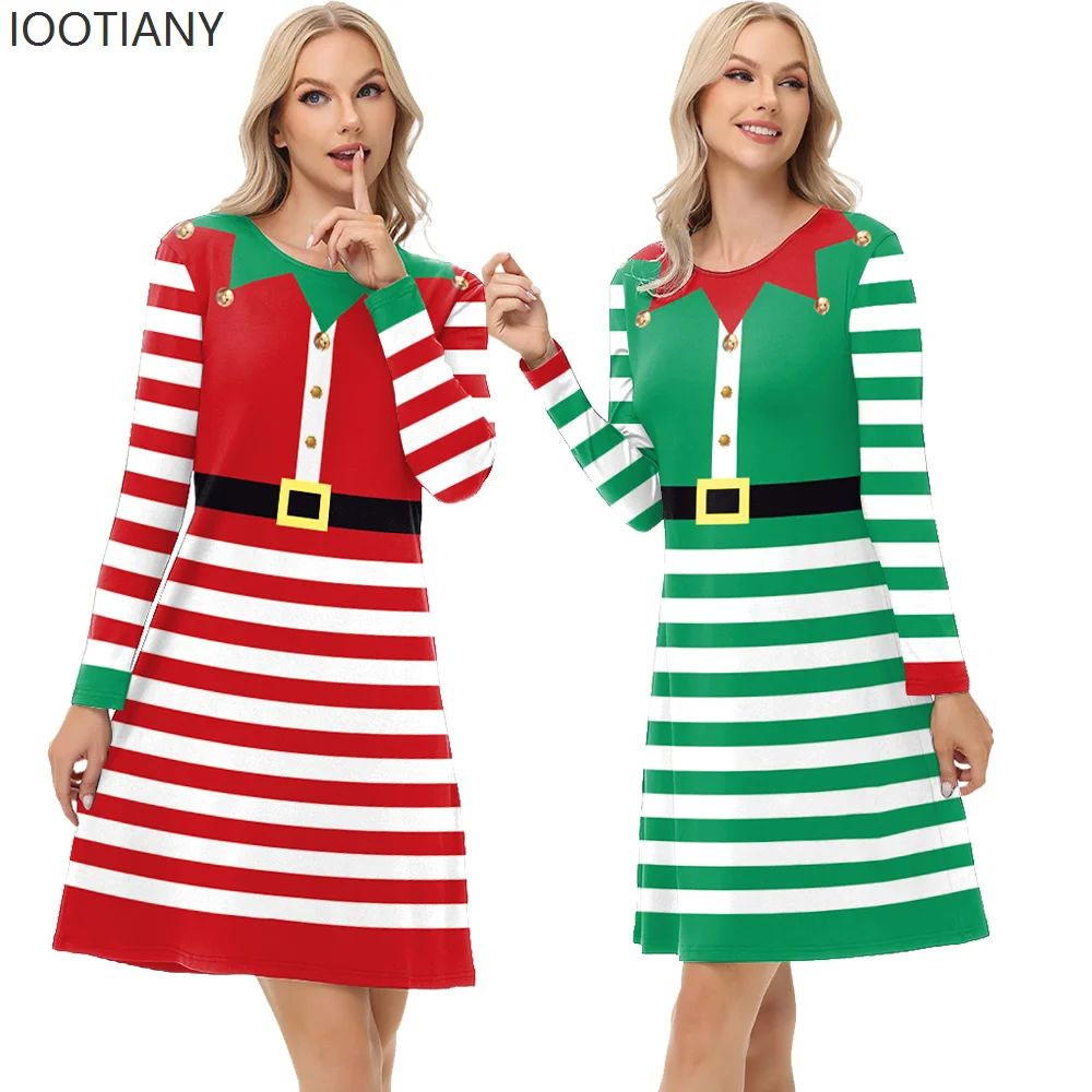

IOOTIANY Elf Role Play Dress New Christmas Xmas Party Women's Striped Dress Adult Long Sleeve Printed Robe Casual Elf Dress 2025