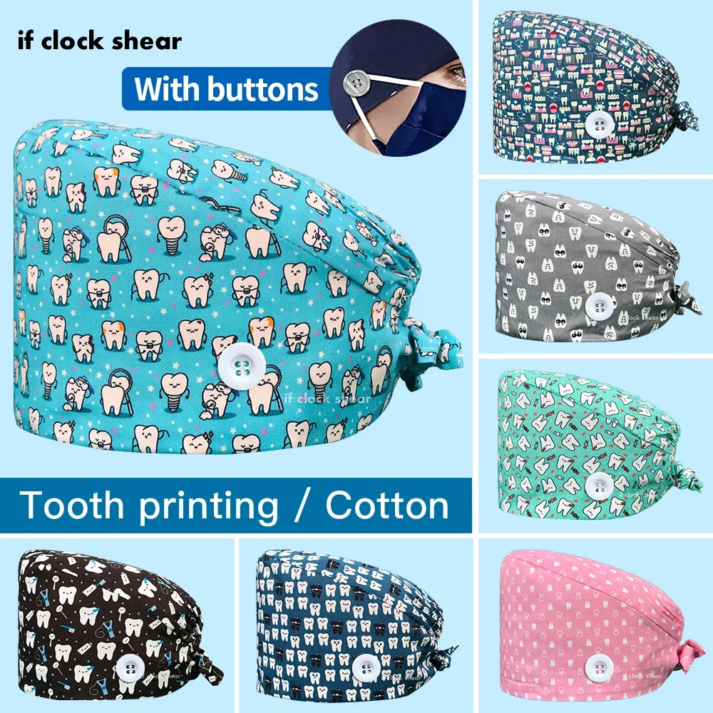 Unisex scrubs caps Einstellbar baumwolle zahn druck hüte Hohe Qualität einstellbare schweiß-absorbent Elastische multicolor scrubs hüte