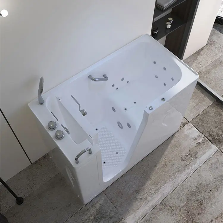 Wheelchair Accessible Freestanding Modern Acrylic Walk-in Bathtub Waterfall Soaking Function Drainer For Disabled Bathroom Use