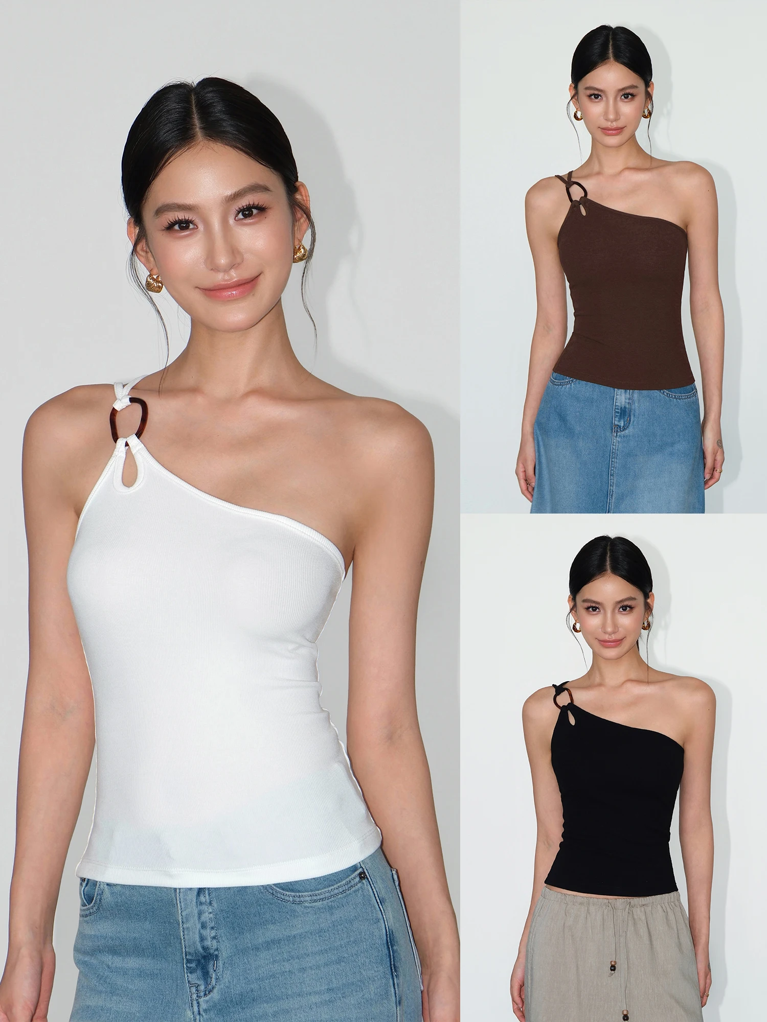 NEVA HU Deconstructed Ring Design Hollow out Shoulder Strap Vest Women's Summer Slim Fit Sleeveless Top Outerwear