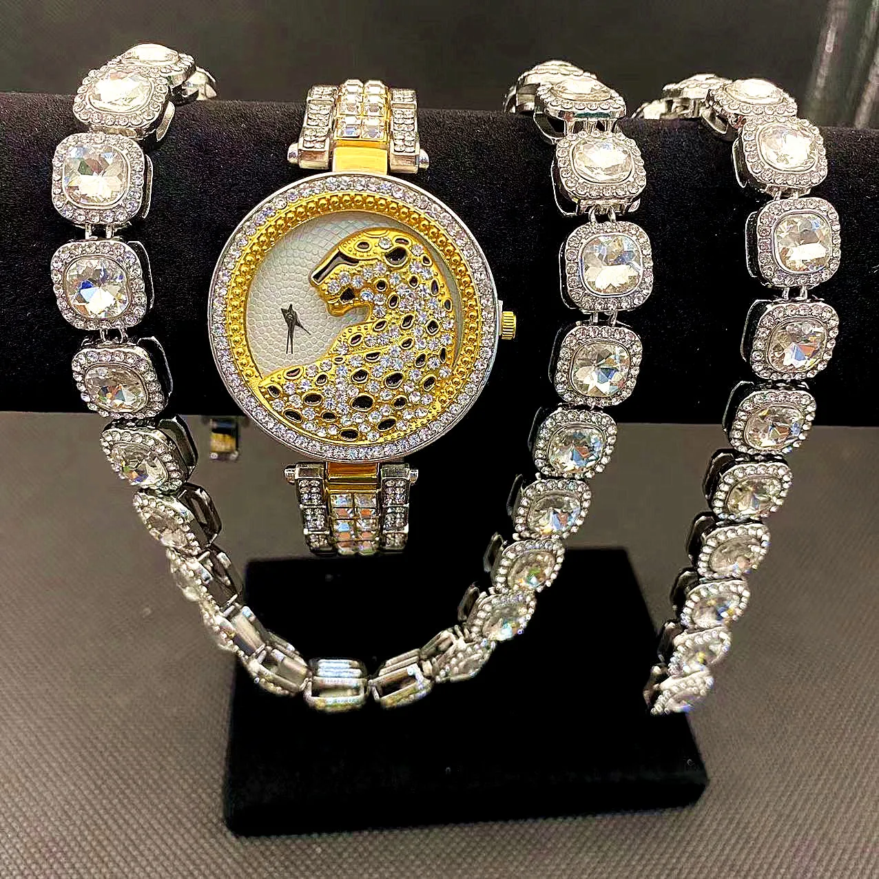 3 Đá Ra Ngoài Đồng Hồ Dành Cho Nữ Vàng Da Báo Đồng Hồ Diamound Bóng Dây Chuyền Vòng Tay Vòng Cổ Bling CZ Trang Sức Dành Cho Nữ bộ Đồng Hồ