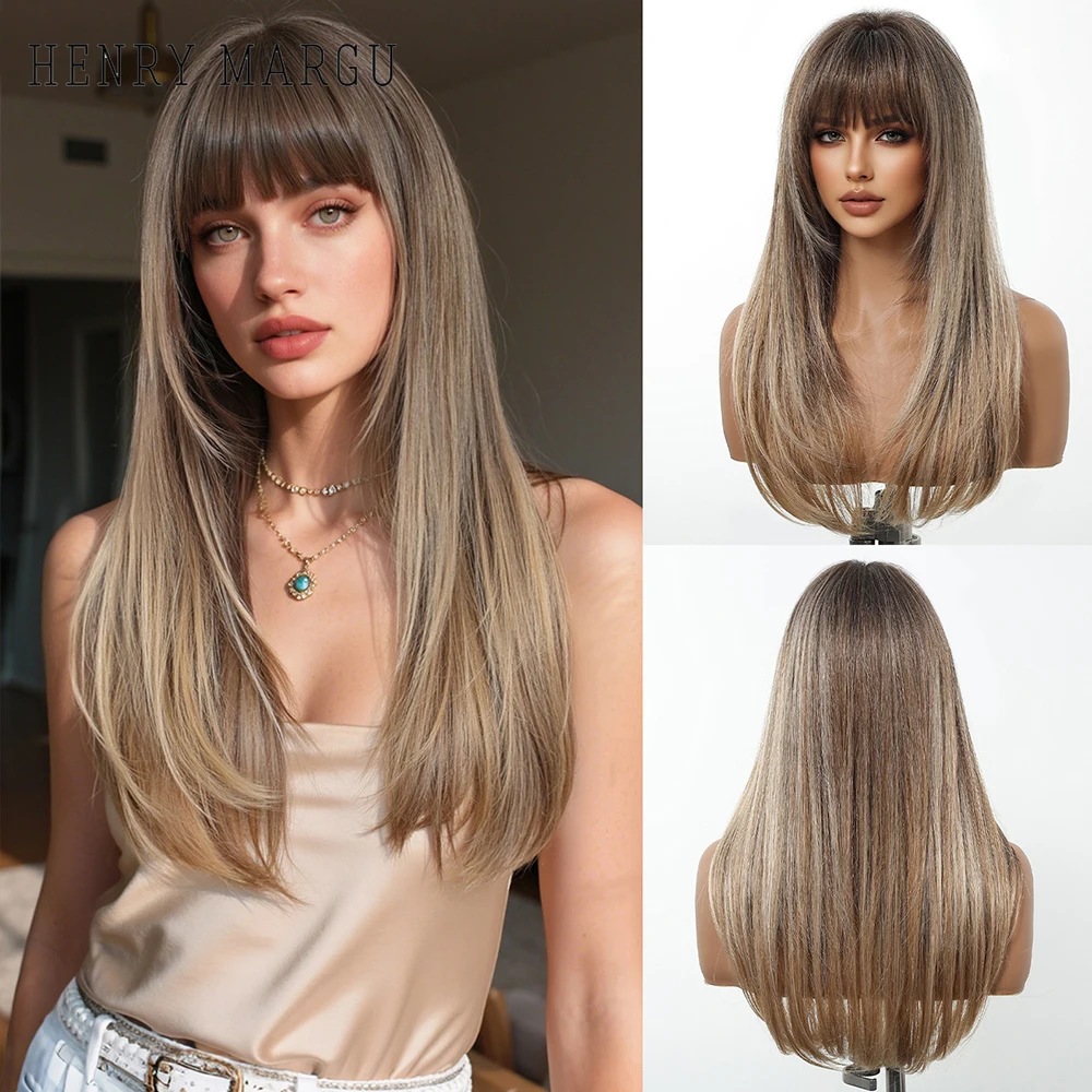 HENRY MARGU Brown Natural Layered Synthetic Wig with Bangs Long Straight Daily Wig for Women Heat Resistant Fake Hair Party Use