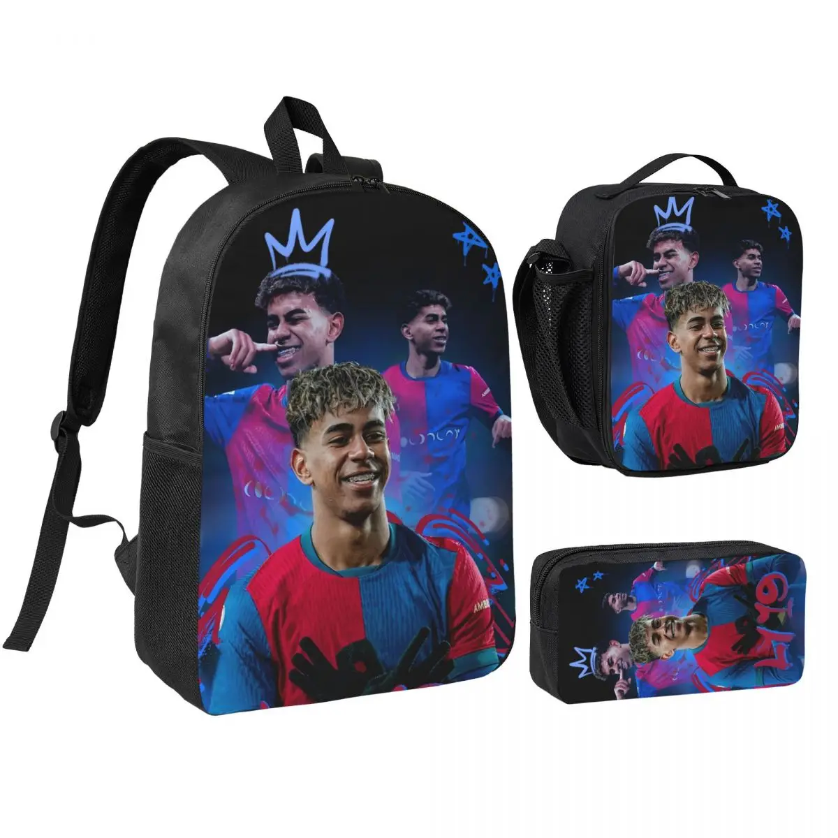 3pecs/set Soccer Number 19 Lamine Y-Yamal Backpack for Student  High School Shoulder Bag Lunch bag Pencil Case