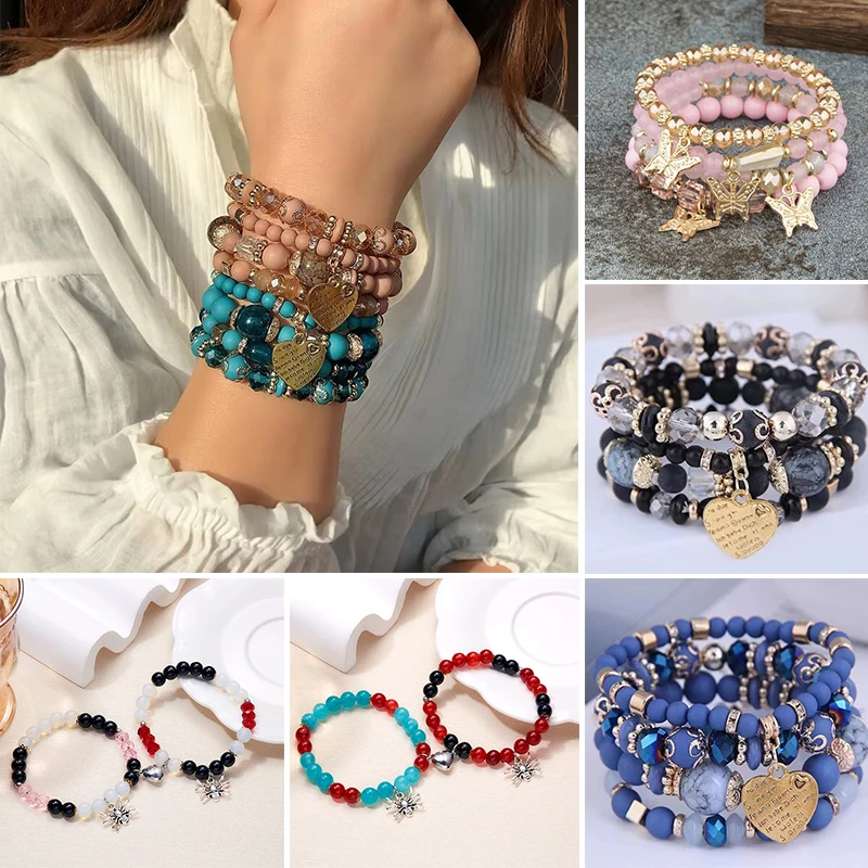 Bohemian Strand Bracelets for Women Girl Crystal Beads Stone Bracelets Ethnic Elastic Wristband Wrap Bracelet Pulseira Feminina