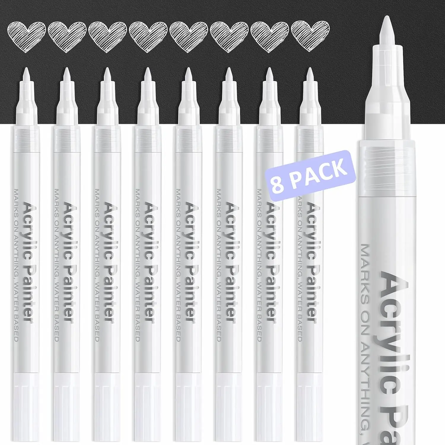 

White Paint Pens, 8 Pack Acrylic Markers with Fine Tip for Art, Rock, Glass, Metal, Wood