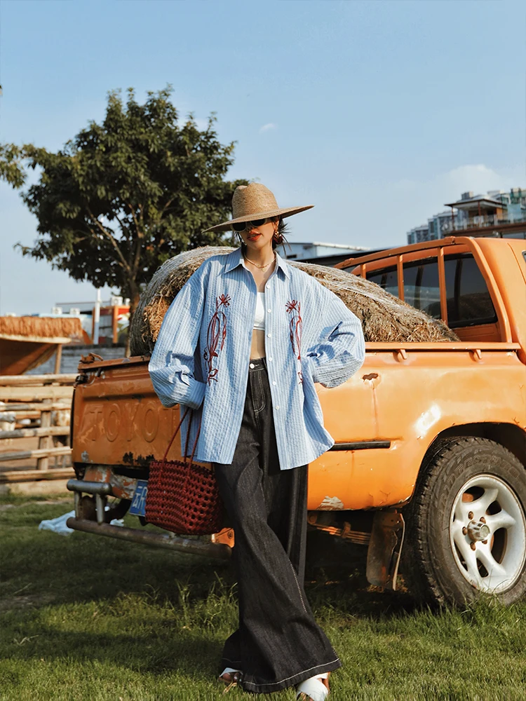 TIYIHAILEY Lente Gestreepte Herfst Blouse Tops Vrouwen Lange Mouw Tees Borduren Losse Shirt Turn Down Kraag Enkele Breasted 2025