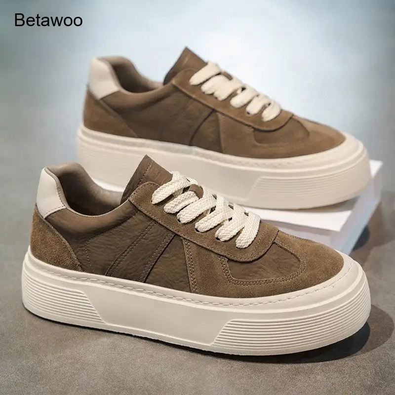 Mens Brown Suede Casual Sneakers Low Top Skate Shoes with Thick White Sole