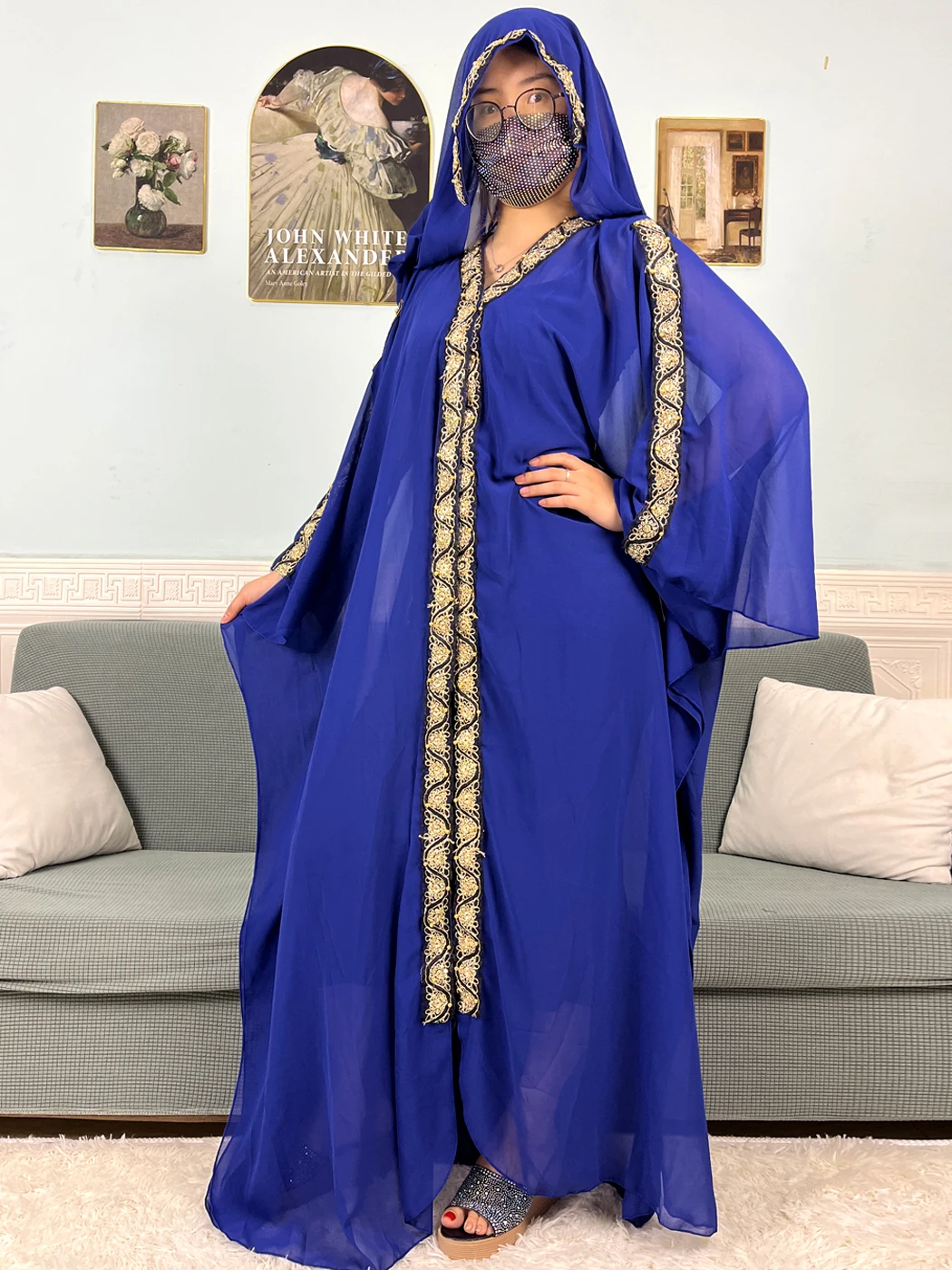 2024 Open Abayas For Women Muslim Chiffon Set Diamonds African Kebaya Islam Dress Dubai Caftan Marocaine Femme Robe With Hooded