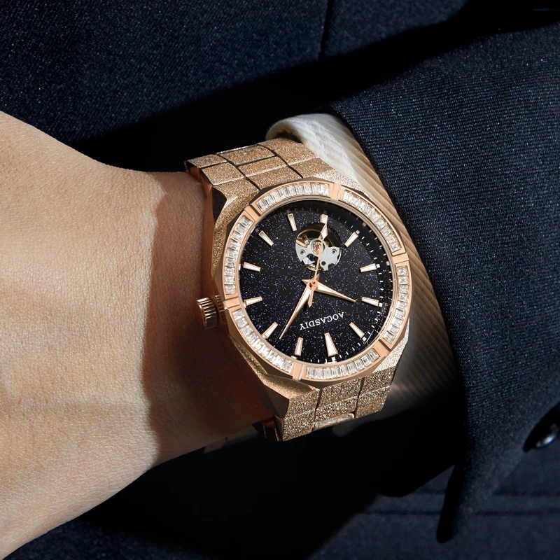 New men's hollowed out automatic mechanical watch fashion frost gold starry sky men's watch night light waterproof mechanical wa