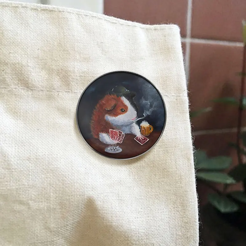 Gentleman Guinea Pig UV Printing Pin Smoking Pipe Drinking Beer Playing Cards Brooch Vintage Funny Animal Badge For Men Women