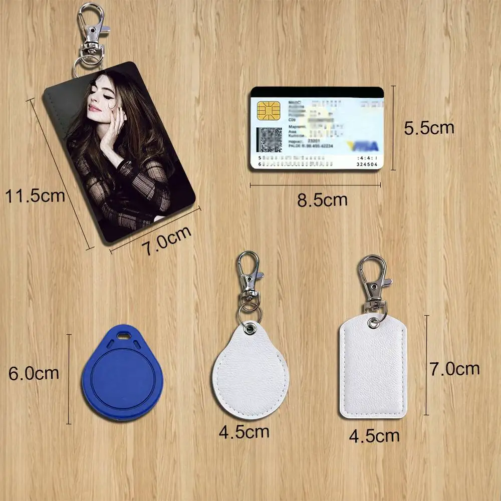 A-Anne Actor H-Hathaway Rectangle Access Card Case Leather Card Holder Keychain Key Ring Transportation Card Case