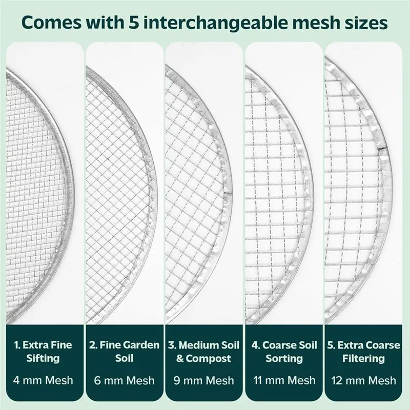 Stainless Steel Garden Sieve With 5 Interchangeable Mesh Inserts (3-12Mm), Metal Soil Riddle Sifter For Stone Compost