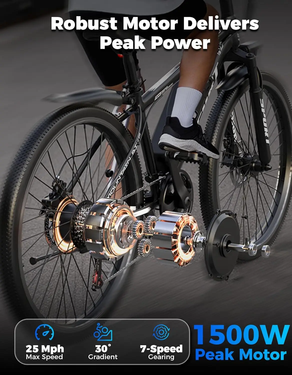 

Adult Electric Bike 1500W Peak 25 MPH 65 Miles Range 7 Speeds 48V 10.4Ah Removable Battery Mountain Ebike Customized