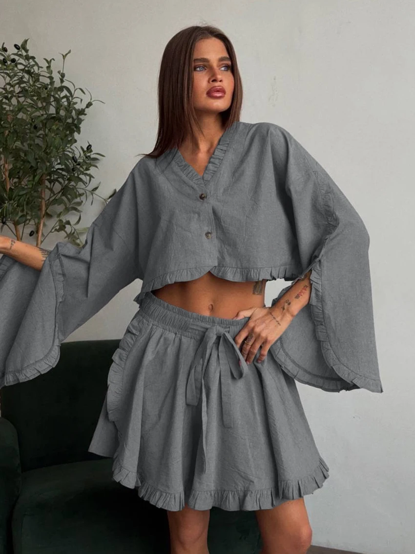 Marthaqiqi Cotton Female Nightwear Set V-Neck Sleepwear Long Sleeve Pajamas Crop Top Nightgowns Skirt Casual Women Nightie Suits