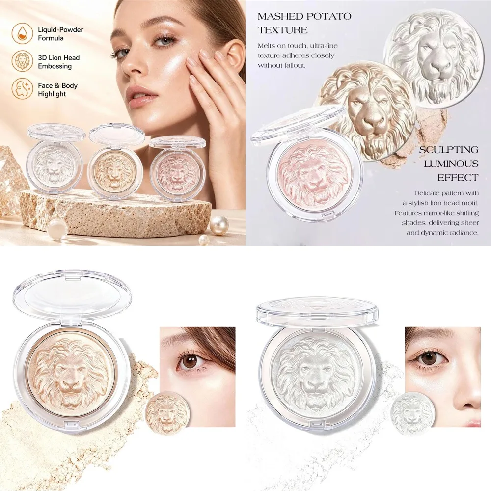 3 Color Lion Facial Contour Highlighter Powder Makeup Palette Pearl White Shimmer Atmosphere Potato Puree Highlighter Plate 1pcs