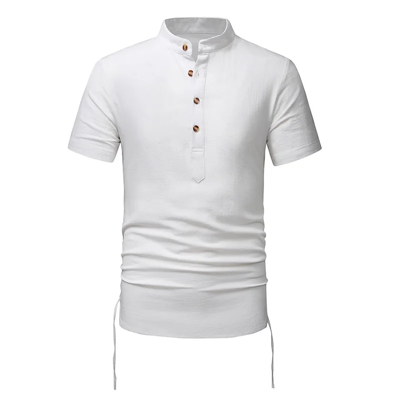 Camisa de manga corta para hombre, Camiseta de algodón y lino con cuello Henry, diseño a la moda con cordón, camisa de playa transpirable, Top de verano