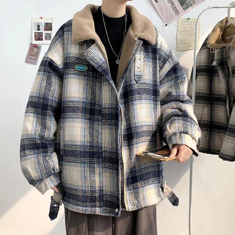 Men Plaid Parkas Fleece Lined Winter Thicken Warm Outerwear Cotton-padded Coats Stand Collar Zipper Jackets Harajuku Clothing