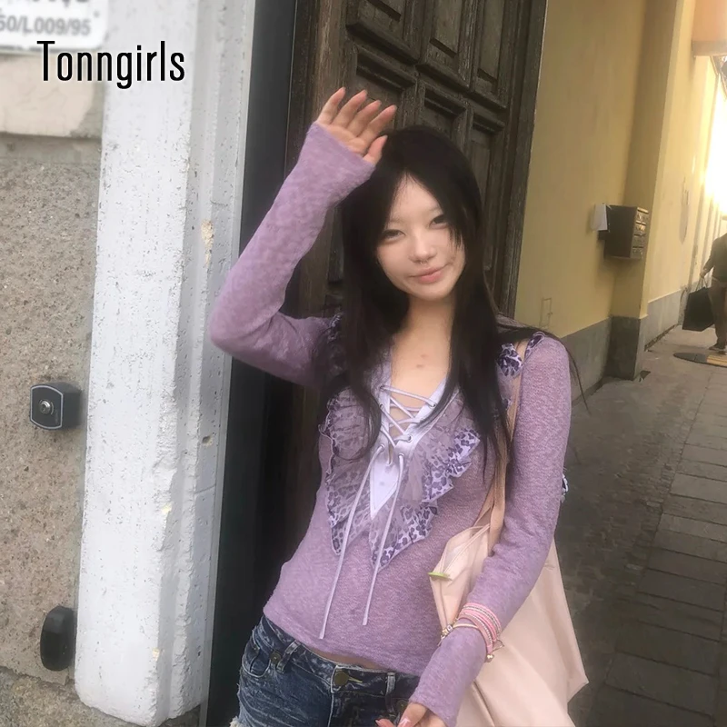 

Tonngirls Aesthetic 2000s Women T-shirt Floral Ruffle Leopard Tops Patchwork Lace Up Fairycore Knit Pullovers Japanese E-girl