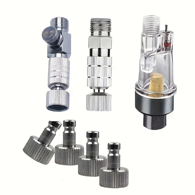 7-piece silver airbrush quick-release disconnect adapter set, 1/8 inch female connector and male adapter with control valve