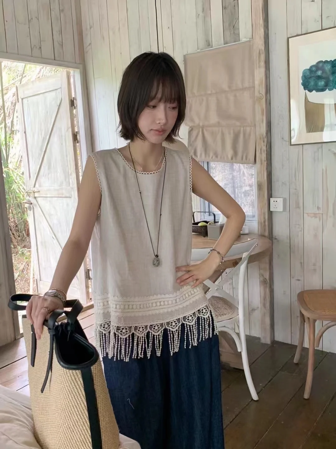 Summer Lace Trim Vest Top Women's Loose Sensation Personalized Design Atmosphere Tassel Fringe H-Shape Backless Outerwear