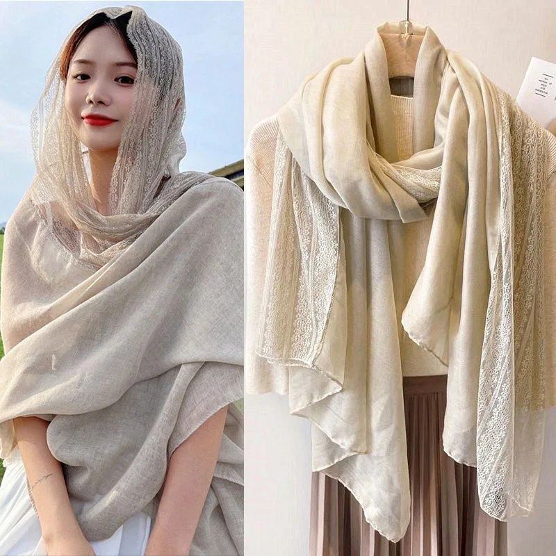 

Flaxen Splicing Lace Cotton and Linen Scarf Women's Korean Atmosphere Shawl Spring and Autumn Literary Thin Scarf
