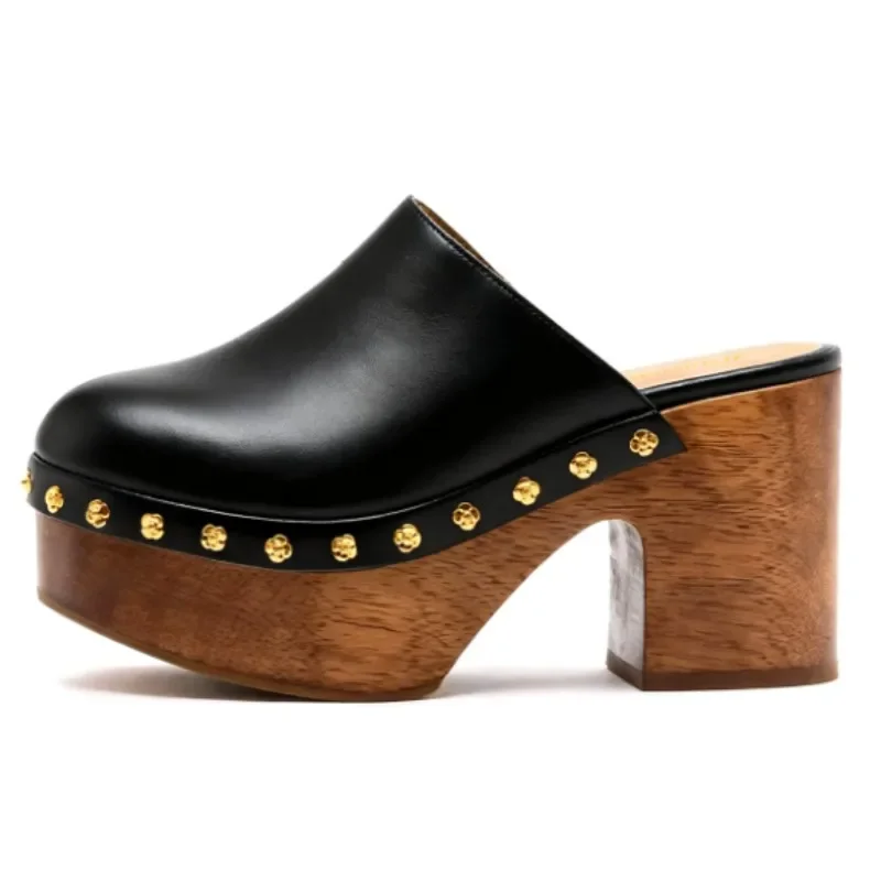 DIZHUANG Fashionable women's high-heeled slippers. Golden leather slippers. About 11cm heel height. Closed toe slippers. 34-46