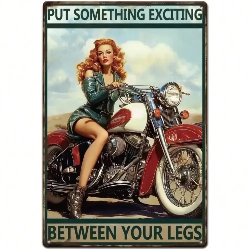 

Vintage Motorcycle Pinup Girl Tin Sign - Retro Metal Wall Decor for Home Bar Garage Man Cave