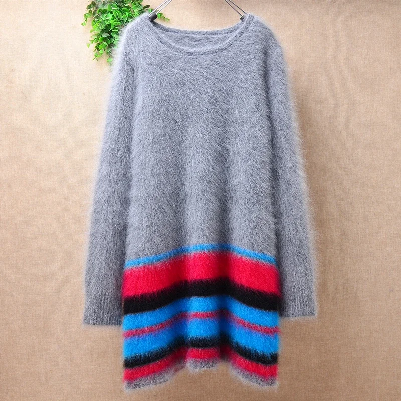 female women hairy plush mink cashmere knitted long sleeves colored stripes loose pullover angora fur winter sweater dress pull