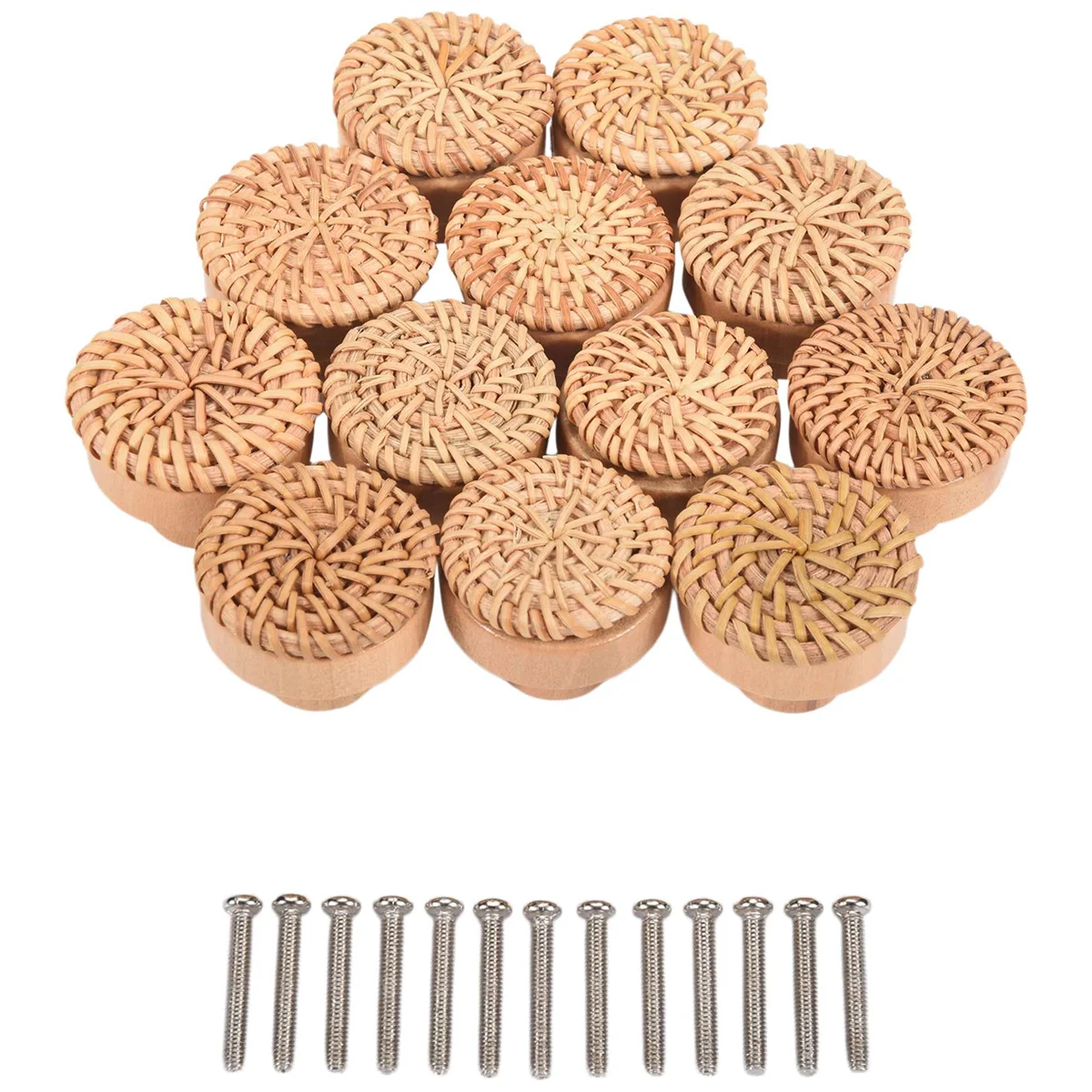 HEIßER Boho Rattan Kommode Knöpfe Runde Holz Schublade Knöpfe Handgefertigte Korbgeflecht und Schrauben für Boho Möbel Knöpfe 12 Stücke