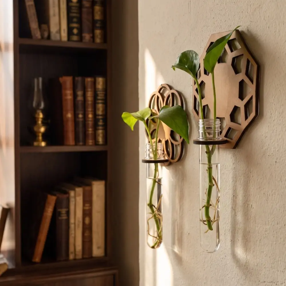 Minimalist Wooden Hydroponic Plant Rack Flower Shaped Plastic Tubes Wall Mounted Planter Hollowed-out Flower Stand Home Decor