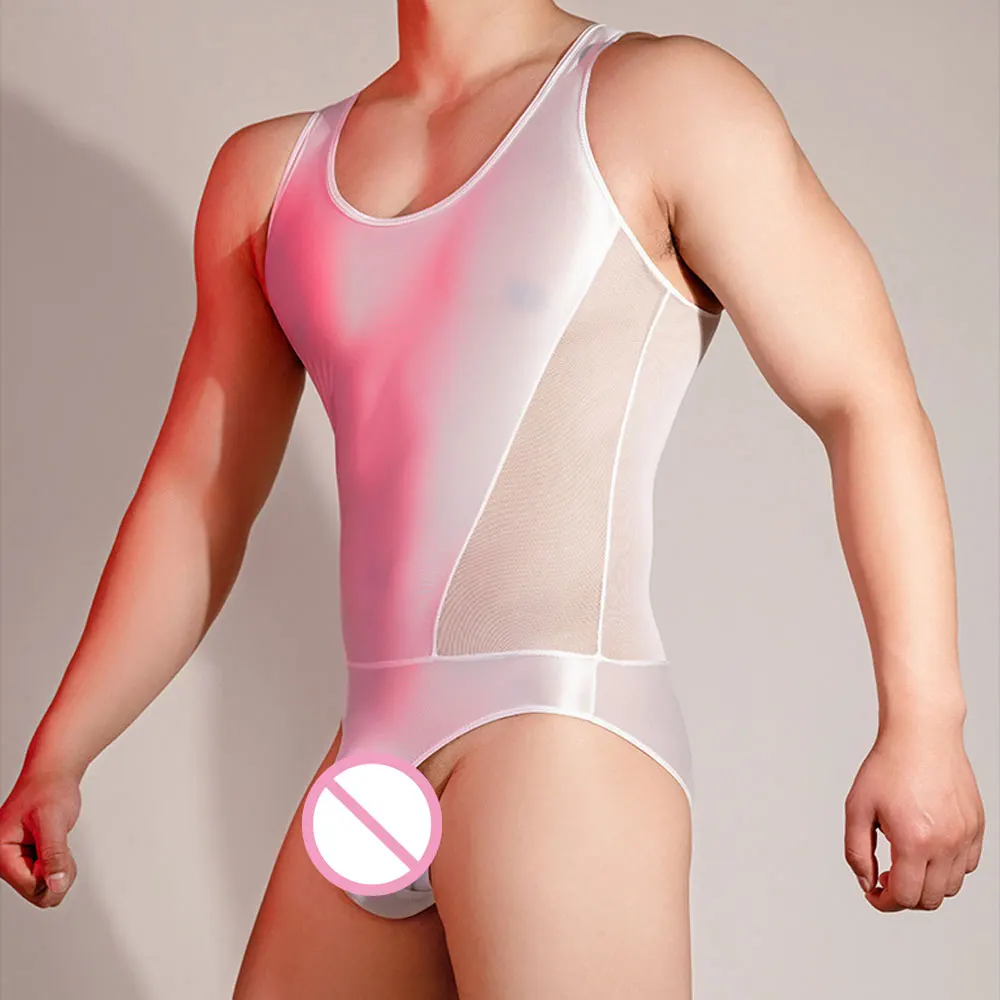 Sexy Men's Sleeveless Bodysuit U Bulge Pouch Elastic Tights Oil Glossy Sheer See Through Leotard mesh Breathable Shaping onesies