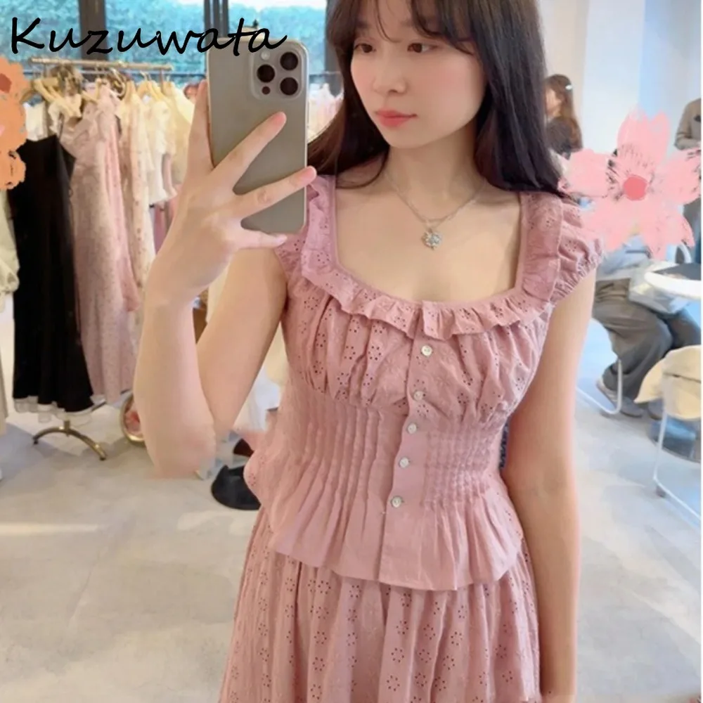 

Kuzuwata Gentle U Neck Puff Sleeve New Sweet Ropa Mujer Lace Flower Ruched Slim Waist Shirt Japan Ruffles Crochet Casual Blusas