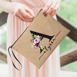 Lettera iniziale fiore Nome personalizzato Borsa per cosmetici Donna Neceser Borsa per trucco Borsa in lino con cerniera Organizzatore da toilette da viaggio Mujer Bolsa