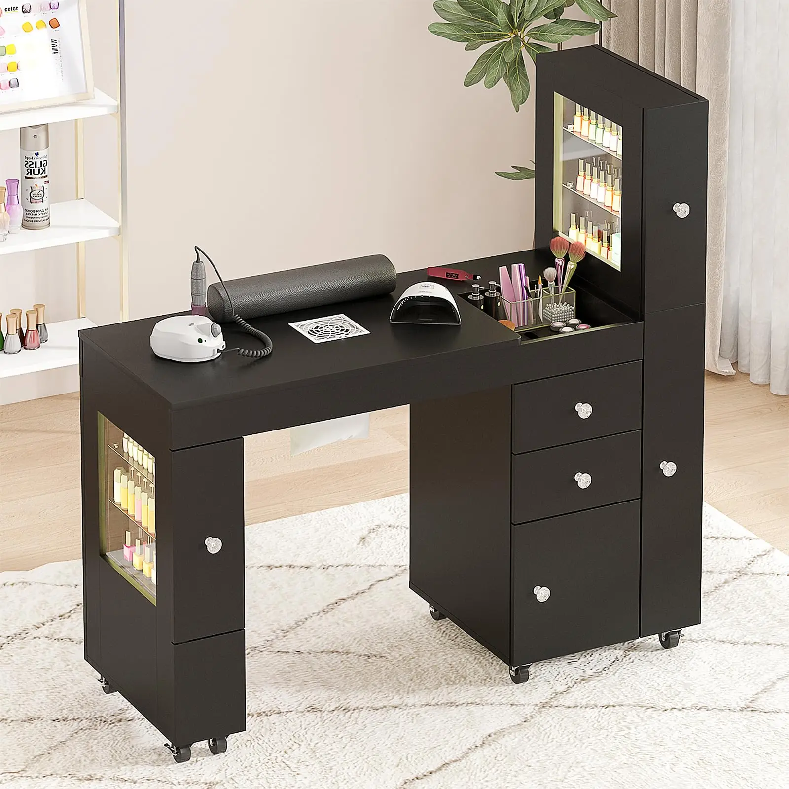 Manicure Table with Dust Collector & LED Display Cabinet, Nail Desk for Nail Tech with Drawers, Storage, Lockable