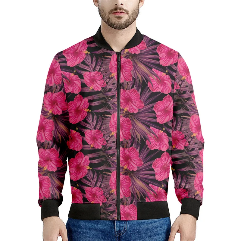 Hawaiian Flower Zipper Jacket For Men 3d Printed Tropic Plants Pattern Bomber Sweatshirts Tops Long Sleeve Oversized Coats