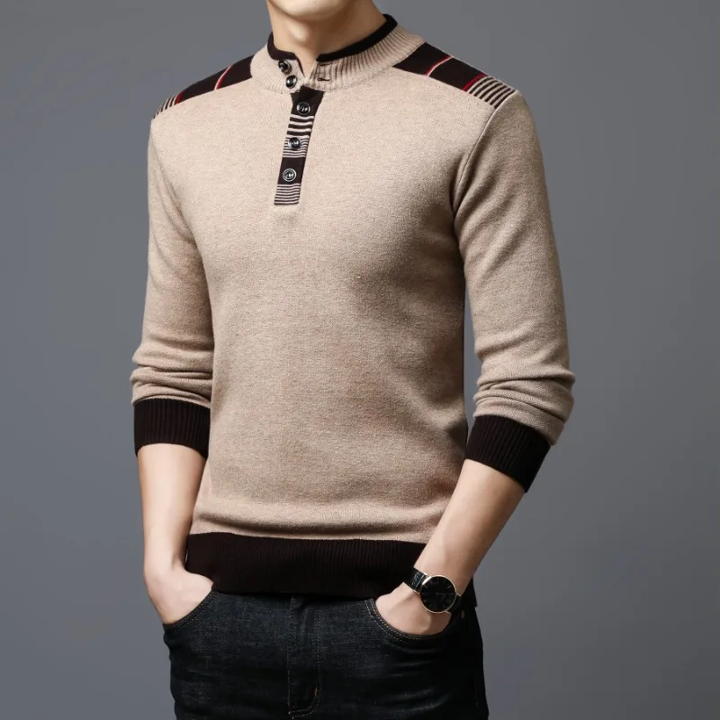 Autumn and Winter New Men's Knitwear Button Business Casual Sweater Slim Fit Warm Men's Half High Collar Contrast Pullover