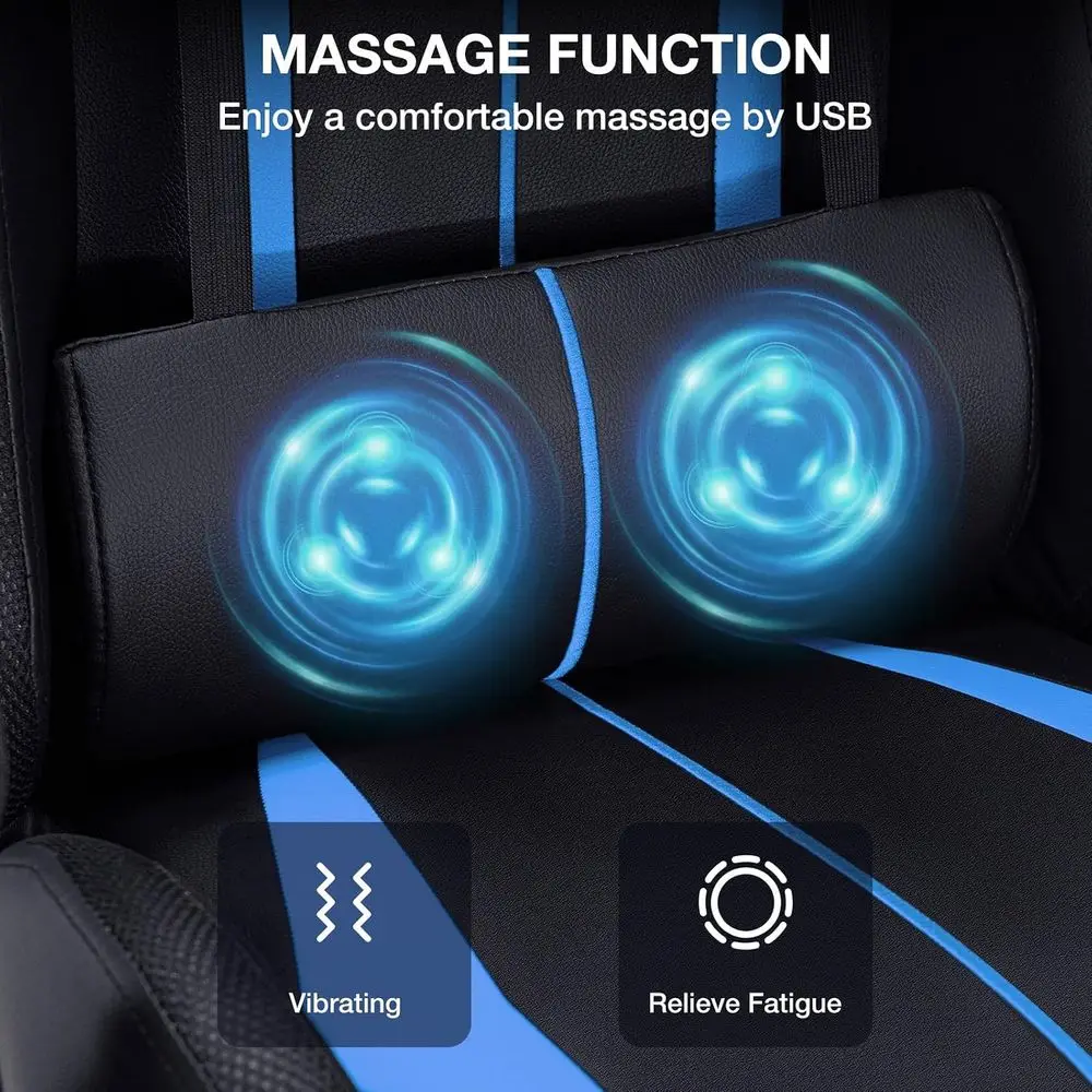 LED Gaming Chair with Massage RGB Lights Computer Game Chair-Blue | Ergonomic Reclining Gamer Chair with ootrest High Back Video view 6