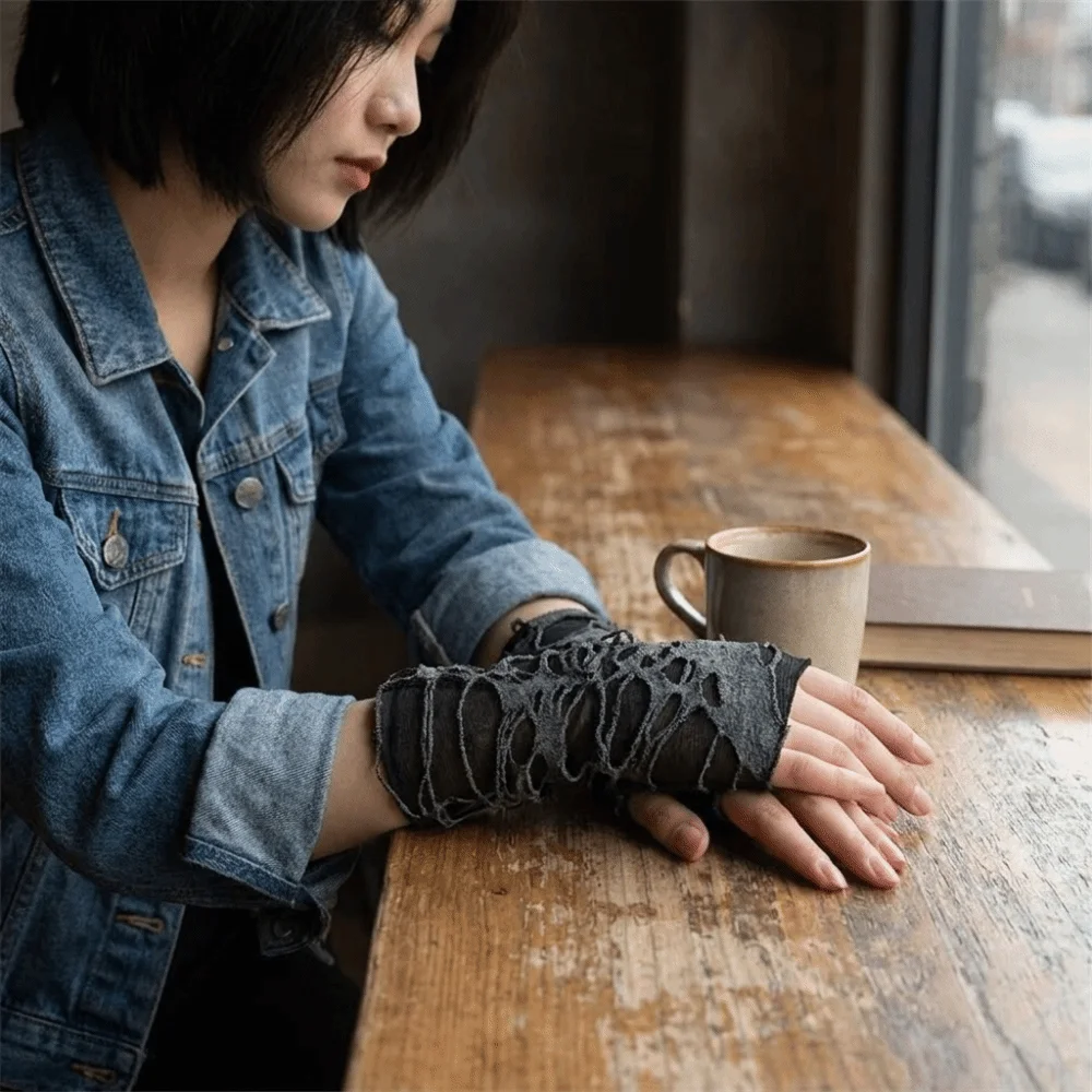 Fashion Gothic Style Fingerless Gloves Beggar Halloween Tear Punk Gloves Hollow Out Breathable Ripped Gloves Dance