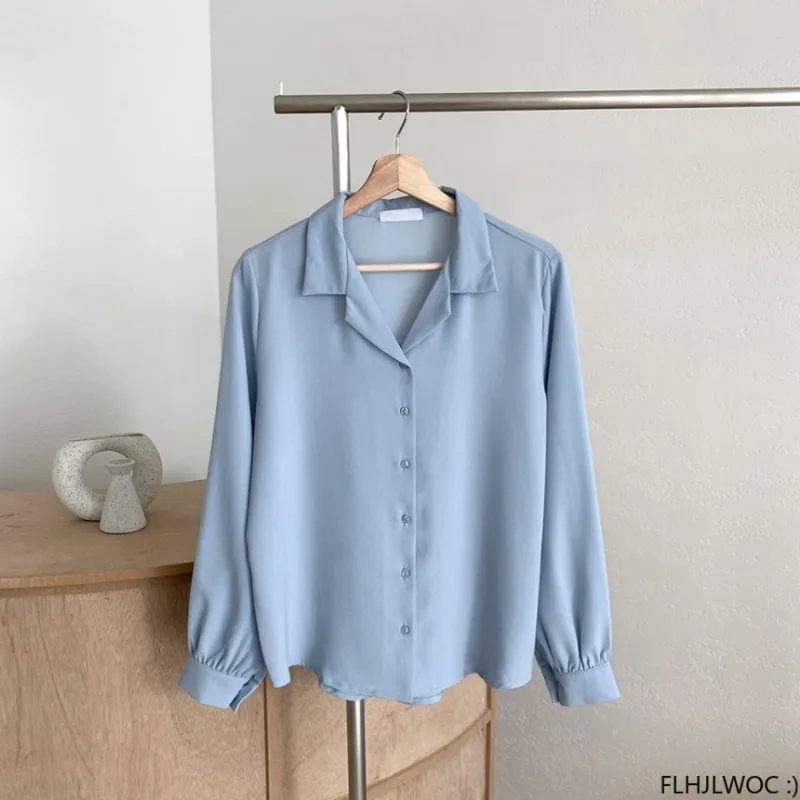 2024 Autumn Basic Chic Korea Fashion Top Office Lady Work Wear Women Single Breasted Button Blue White Shirts Blouses