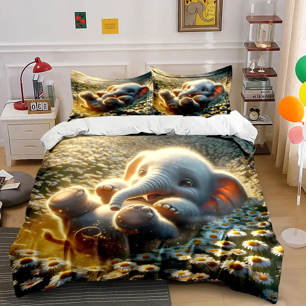 Cute baby elephant under warm glow Print Bedding Set 1 Duvet Cover 2 Pillowcases for Adult and Children Luxury Gift Full Size